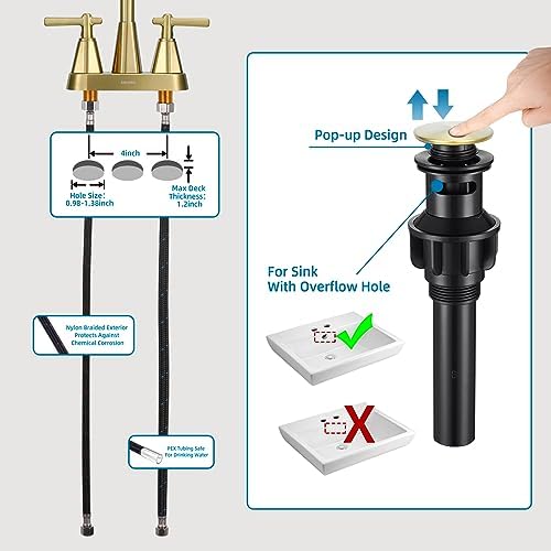 4 Inch Bathroom Faucet for Sink 3 Hole, 2 Handle Sink Faucet with Pop Up Drain Assembly and 2 Water Supply Hoses for RV Bathroom Vanity