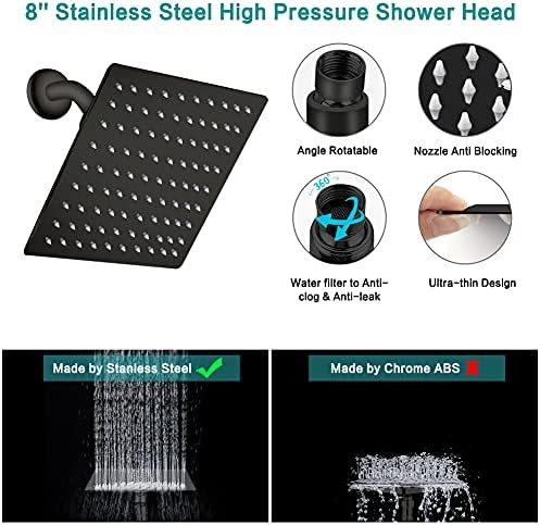 8โโ High Pressure Rainfall/Handheld Shower Combo with 11'' Extension Arm, 9 Settings, Anti-leak Shower Head with Holder, Height/Angle Adjustable, Chrome