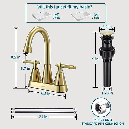 4 Inch Bathroom Faucet for Sink 3 Hole, 2 Handle Sink Faucet with Pop Up Drain Assembly and 2 Water Supply Hoses for RV Bathroom Vanity