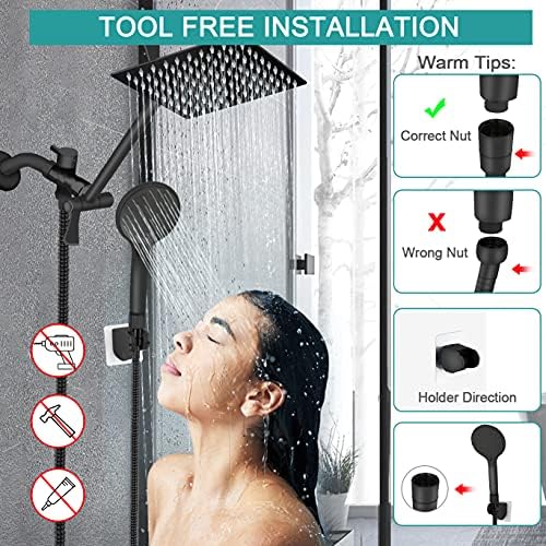 8‘’ High Pressure Rainfall/Handheld Shower Combo with 11'' Extension Arm, 9 Settings, Anti-leak Shower Head with Holder, Height/Angle Adjustable, Chrome