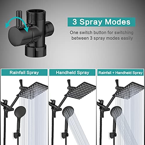 8‘’ High Pressure Rainfall/Handheld Shower Combo with 11'' Extension Arm, 9 Settings, Anti-leak Shower Head with Holder, Height/Angle Adjustable, Chrome