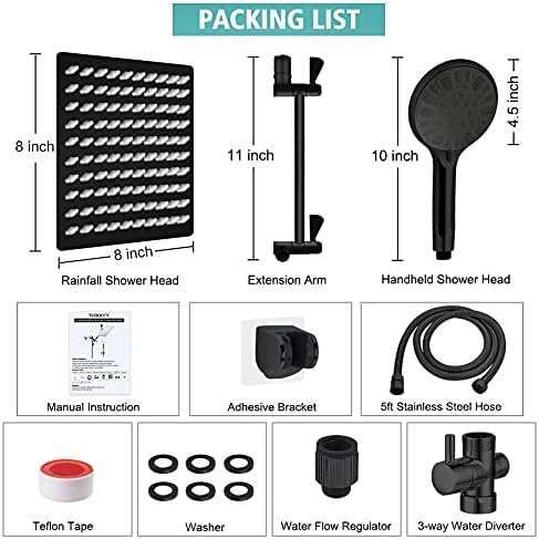 8‘’ High Pressure Rainfall/Handheld Shower Combo with 11'' Extension Arm, 9 Settings, Anti-leak Shower Head with Holder, Height/Angle Adjustable, Chrome